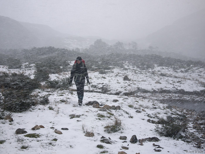 Snowy trekking on Isla Navarino, Chile