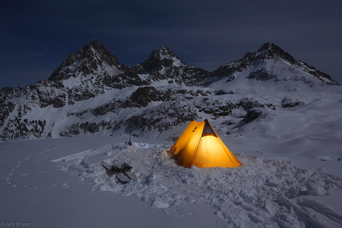 Moonlight winter camp on Hurricane Pass, Tetons