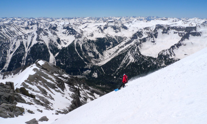 Snowboarding from the summit of Potosi Peak, San Juan Mountains, Colorado