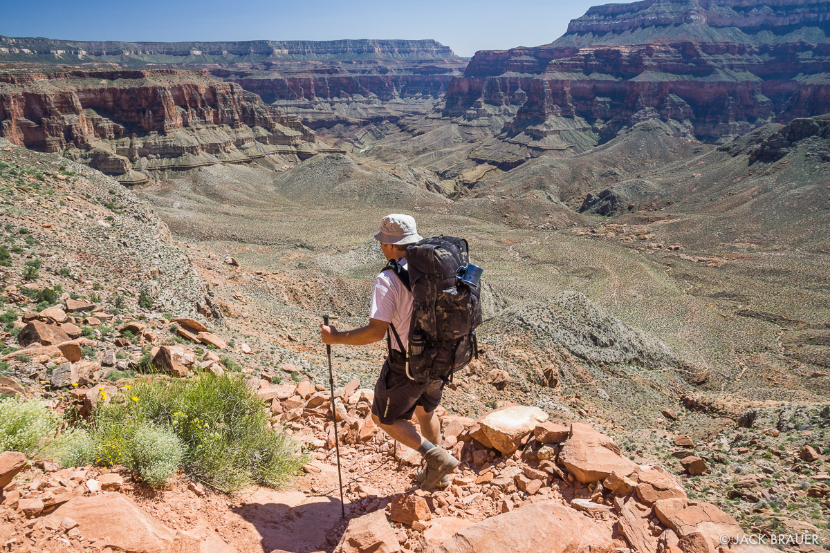 Hiking into the Grand Canyon with the Seek Outside Unaweep-Exposure panel loader backpack.